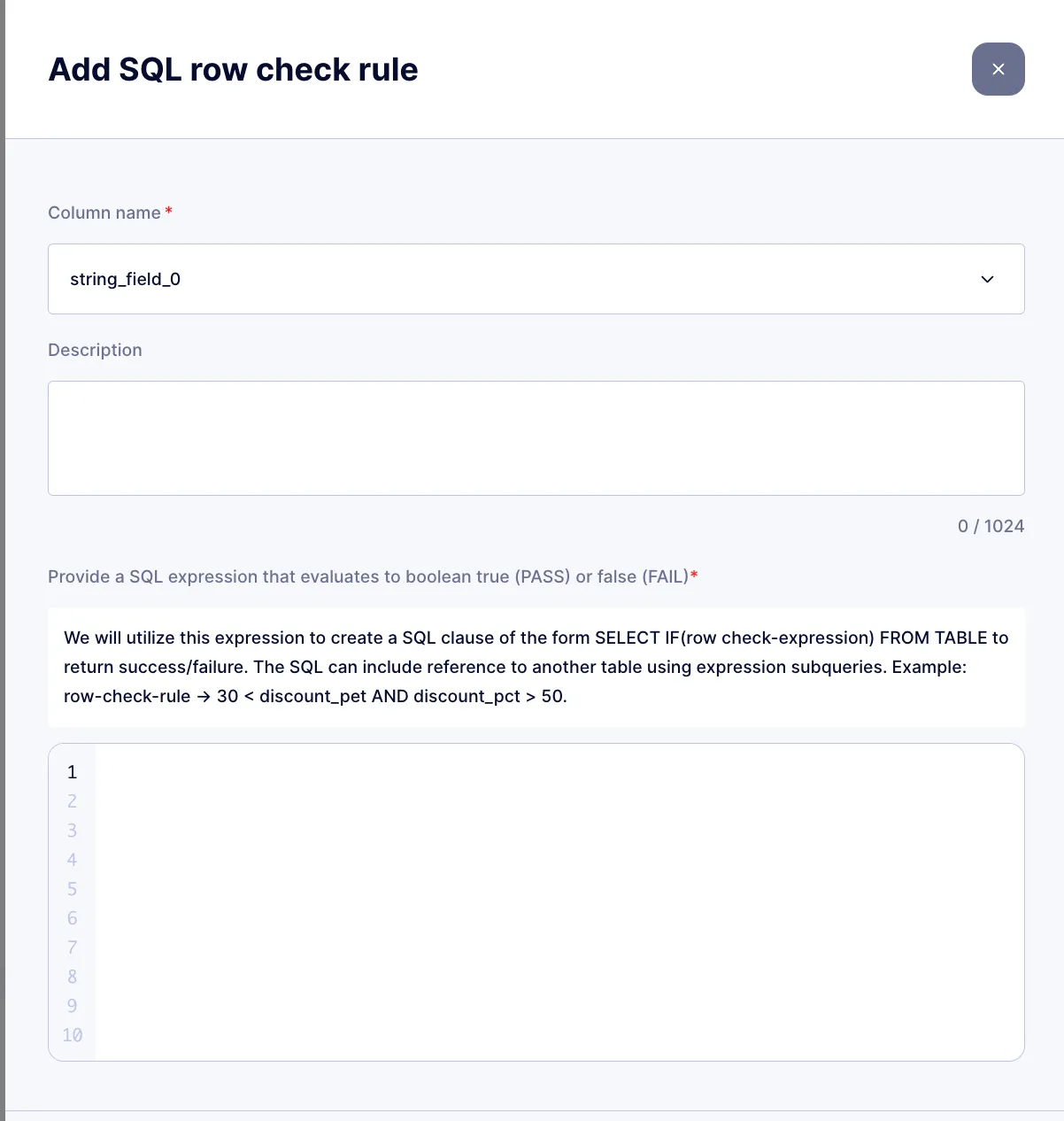 Data Quality row check rule creation